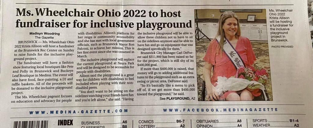 A newspaper clipping reads, "Ms. Wheelchair Ohio 2020 to to host fundraiser for inclusive playground." It also has a photo of Krista wearing her sash and crown and holding a bouquet of roses from the state competition next to three paragraphs explaining her efforts.