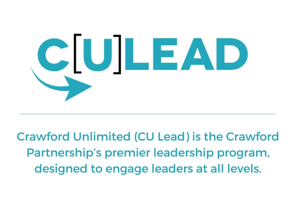 CU Lead's logo includes the organization's name above its description: "Crawford Unlimited (CU Lead) is the Crawford Partnership's premier leadership program, designed to engage leaders at all levels."