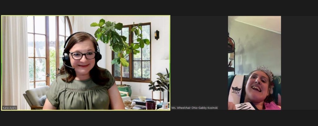 A screenshot of a virtual meeting includes Gabby in her sash and crown and a woman wearing a headset. Both women are smiling.