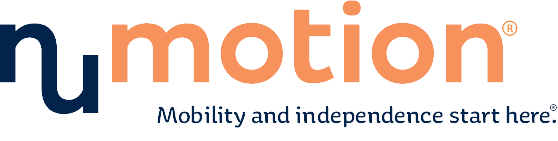 The image contains the logo of **Numotion**, a company specializing in mobility solutions. The logo features the brand name "Numotion" in a combination of dark blue and orange colors. The first two letters, "nu," are in dark blue, while "motion" is in orange. Below the brand name, there is a tagline in dark blue that reads:  
**"Mobility and independence start here.®"**  

The registered trademark symbol (®) appears next to both the brand name and the tagline, indicating that they are trademarked elements of the company's branding. The design conveys a sense of movement and accessibility, aligning with Numotion's mission to provide mobility solutions for individuals with disabilities.